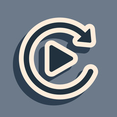Poster - Black Video play button like simple replay icon isolated on grey background. Long shadow style. Vector Illustration
