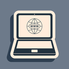 Poster - Black Website on laptop screen icon on grey background. Globe on screen of laptop symbol. World wide web symbol. Internet symbol for your web site design, logo. Long shadow style. Vector Illustration