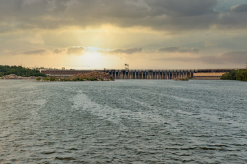 Dnieper River and hydroelectric power plant dam in Zaporizhia, Ukraine.