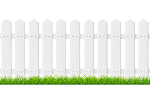 Realistic Detailed 3d White Wood Fence With Green Grass. Vector