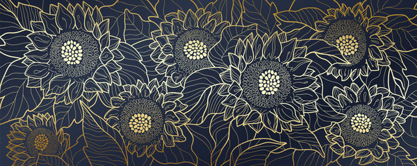 Wall Mural - sunflower line arts luxury wallpaper design for fabric, prints and background texture, vector illust