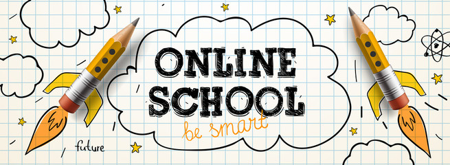 Online School. Digital internet tutorials and courses, online education. Vector banner template for website and mobile app development