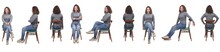 Collage Of A Woman Sitting On A Chair In White Background, Profile, Front And Back