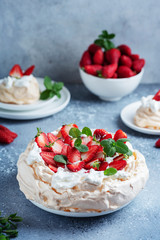 Poster - Cake Pavlova with meringue, strawberry and cream