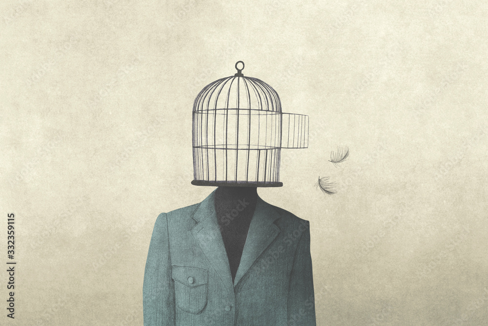 illustration of man with open birdcage over his head, surreal freedom concept