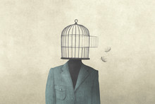 Illustration Of Man With Open Birdcage Over His Head, Surreal Freedom Concept