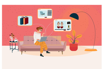 Fototapete - Cute smart woman sitting on the sofa with laptop computer and doing online shopping. Shopping on social networks. Client care, convenient service, buyer liberlies. Online shopping vector illustration