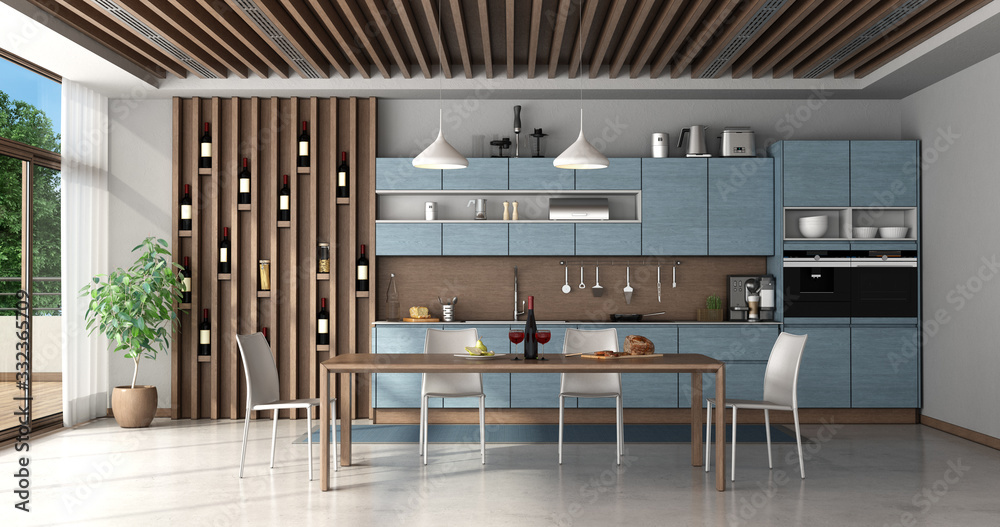 Blue and wooden kitchen with dining table Stock Illustration | Adobe Stock