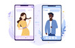 © Rudzhan - Dating app showing a young black man and caucasian woman on mobile phones in pink and blu eplaced side by side, vector illustration