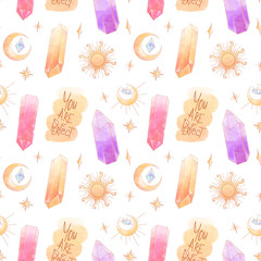 Mystical occult art deco crystal, moon, stars, sun watercolor digital watercolor texture seamless pattern on a white background. Print for fabrics, banners, cards, wrapping paper, stationery.