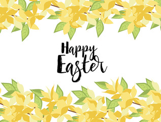 Poster - Vector illustration of Forsythia flower from tree. Spring landscape, nature background. Frame decoration yellow flowers card Happy Easter. Golden Rain