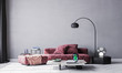 © lilasgh - Mockup poster interior in grey modern living room background, red sofa. black floor lamp. 3D render