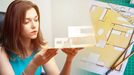 Poster - girl is holding a mock building. drawings of premises. concept - woman thinks over the layout of the