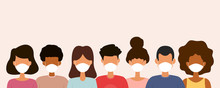 Group Of People Wearing Medical Face Masks. Protection Against Virus. Vector Illustration.