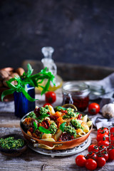 Wall Mural - Pasta with Grilled Eggplant, Smoky Tomato Sauce and Basil Walnut Pistou .style rustic.selective focus