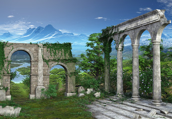 Wall Mural - 3D rendered Fantasy Landscape with Greek Temple Ruins - 3D Illustration