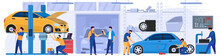 Car Service, Professional Maintenance And Diagnostic, Vector Illustration. Mechanic In Work Uniform, Men Cartoon Characters Repairing Cars In Garage Workshop. Automobile Service Center, People At Job