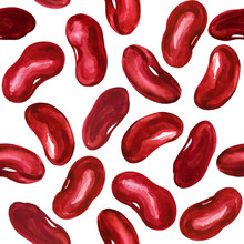 Watercolor Illustration Of Red Kidney Beans. Pattern Of Vegetable Grains For Cooking.