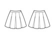 school skirt with four folds fashion flat sketch. front and back view