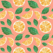 Seamless pattern of watercolor orange slices and green leaves on colorful background. Bright citrus texture. Juicy fruits design for fabric, textile, gift wrap, wallpaper, postcards and festive decor