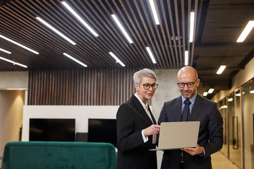 waist up portrait of two mature business people holding laptop while standing in modern office inter