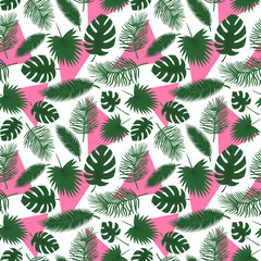 Sticker - Seamless pattern with tropical leaves, palm trees, monstera and pink triangles.flat style. Botanical pattern with green leaves on light background.Color vector illustration.for textiles,wrapping paper