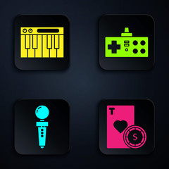 Poster - Set Casino chip and playing cards, Music synthesizer, Joystick for arcade machine and Gamepad. Black square button. Vector