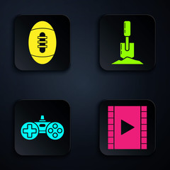 Wall Mural - Set Play Video, American Football ball, Gamepad and Shovel in the ground. Black square button. Vector