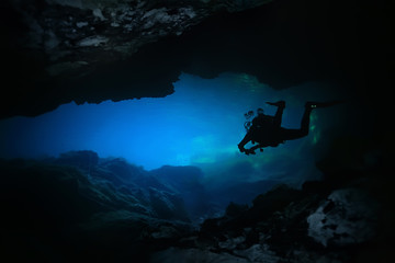  diving in the cenotes, mexico, dangerous caves diving on the yucatan, dark cavern landscape underwater