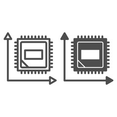 Poster - Microchip in graph line and solid icon. Computer chip in coordinate system symbol, outline style pictogram on white background. Benchmarking sign for mobile concept and web design. Vector graphics.