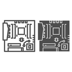 Poster - Modern motherboard line and solid icon. Main circuit board with hardware components symbol, outline style pictogram on white background. Computer sign for mobile concept, web design. Vector graphics.