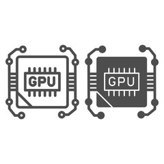 Poster - Circuit and video chip line and solid icon. Graphic processor core, hardware unit symbol, outline style pictogram on white background. Benchmarking sign to mobile concept, web design. Vector graphics.