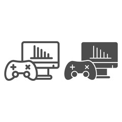 Poster - Gamer testing line and solid icon. Gamepad or joystick and game chart monitor symbol, outline style pictogram on white background. Benchmarking sign for mobile concept and web design. Vector graphics.