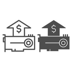 Poster - Accelerator card line and solid icon. Hardware market share growth arrow and dollar symbol, outline style pictogram on white background. Computer sign for mobile concept, web design. Vector graphics.