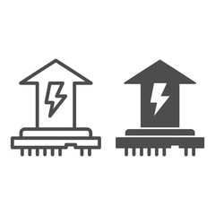 Poster - CPU power consumption line and solid icon. Microchip and up arrow with energy symbol, outline style pictogram on white background. Benchmarking sign for mobile concept and web design. Vector graphics.