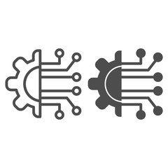Poster - Gear connection line and solid icon. Gear with chip circuit, hardware or software symbol, outline style pictogram on white background. Technology sign for mobile concept, web design. Vector graphics.
