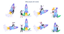 Business People With A Rocket Set. Rocket Launch As A Metaphor