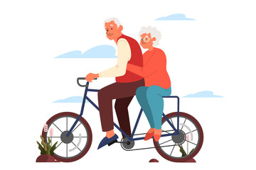 Wall Mural - Old man and woman riding their colorful bicycle. Active outdoor life