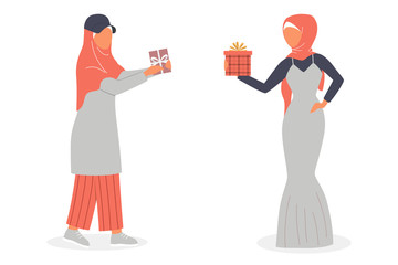 Canvas Print - Muslim woman holding gift box. Arabian woman in different