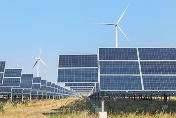 Wall Mural - solar cells or solar panels or photovoltaic cells with wind turbines generating electricity alternat