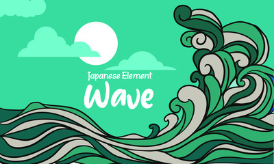 Wall Mural - Japan wave illustration with moon and cloud