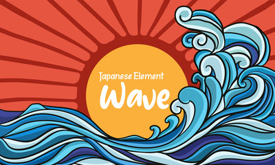 blue wave with sun background Japan style