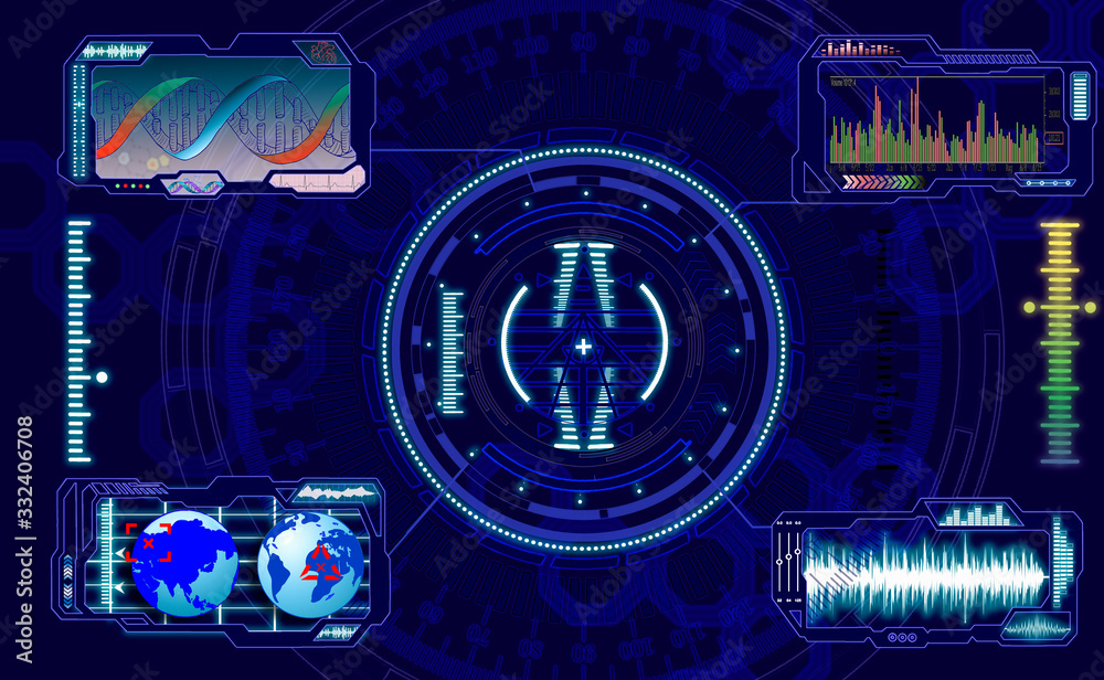 Custom Control Screen Gui Four control panels, with settings and indicators, controls on a dark ...