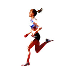 Running woman, low polygonal vector illustration, side view