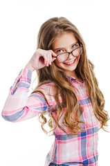 Poster - Smiling cute little girl child teen in eyeglasses education, school and vision concept