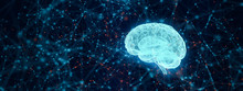 Concept Of An Active Human Brain On A Dark Background.Blurry Abstract 3d Rendering Abstract Background Blue Network Concept . Future BackgroundTechnology Concept.copy Space.