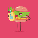 Fototapeta Dinusie - Cute burger with healthy food vector cartoon character isolated on background. Healthy and unhealthy food concept illustration.