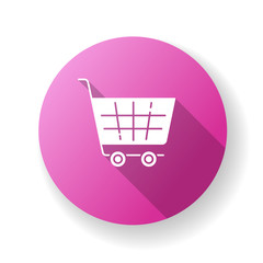 Sticker - Shopping cart pink flat design long shadow glyph icon. Supermarket trolley. Online shop purchase. Convenience store basket. Buy product. Trade and commerce symbol. Silhouette RGB color illustration