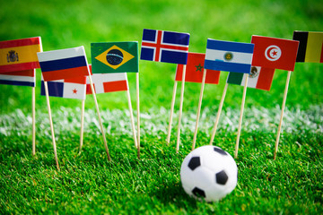 Wall Mural - Flags of all football nations on green grass. Football ball, Fans, support photo, edit space