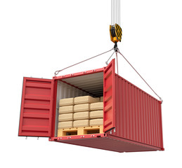 Poster - 3d rendering of open red cargo container almost full of packages, suspended from crane, isolated on white background.